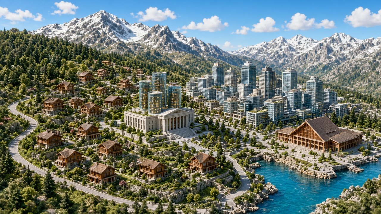A bright mountain city: houses on the slope, a skyline, and a hall by the lake.